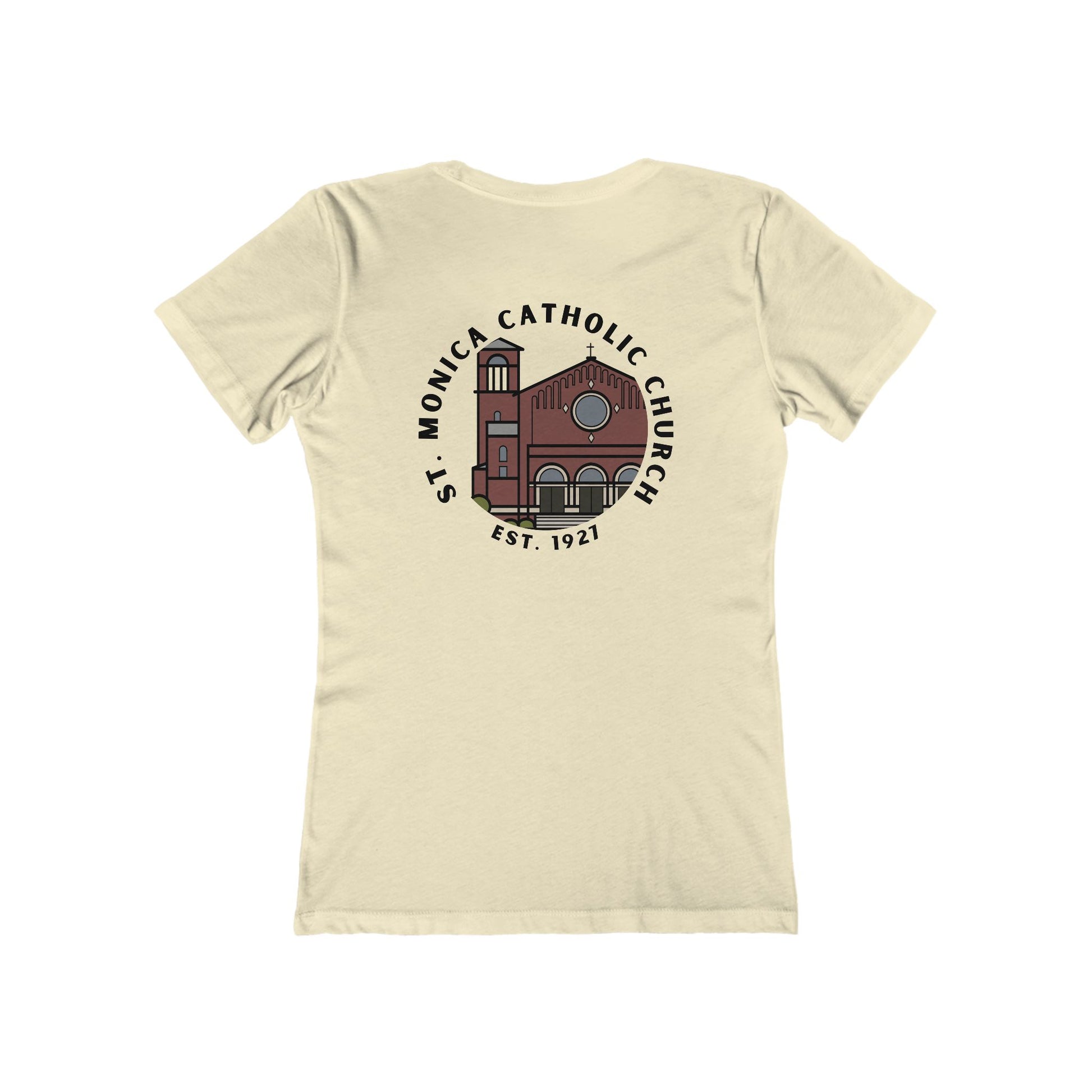 St. Monica Women’s “Nothing is Far from God” Tee – Icon on Back