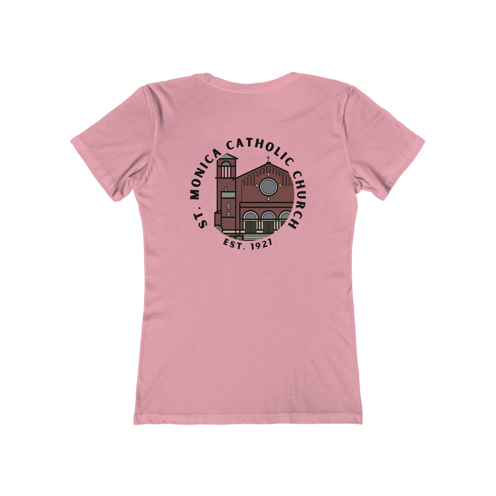 St. Monica Women’s “Nothing is Far from God” Tee – Icon on Back