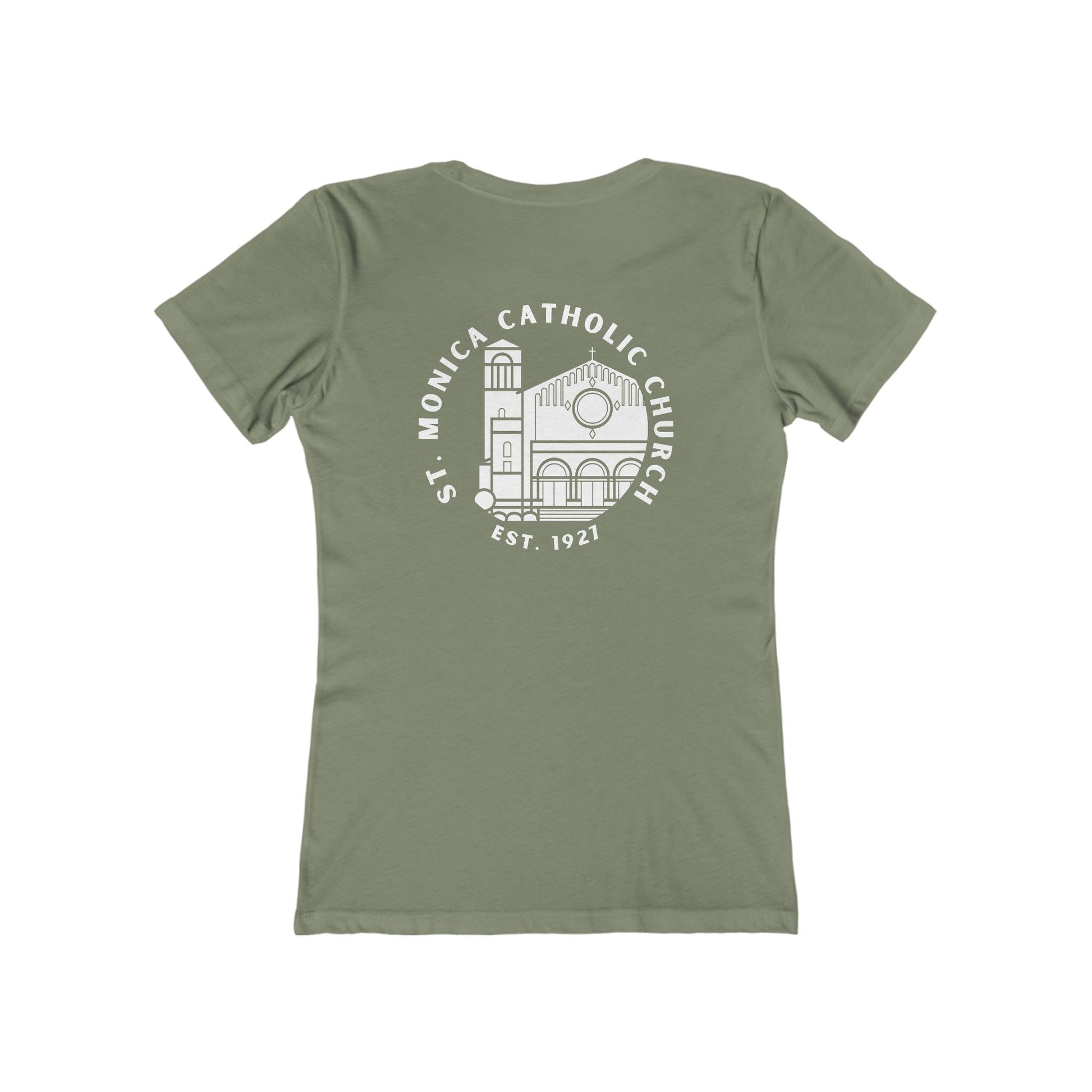 St. Monica Women’s “Nothing is Far from God” Tee – Icon on Back