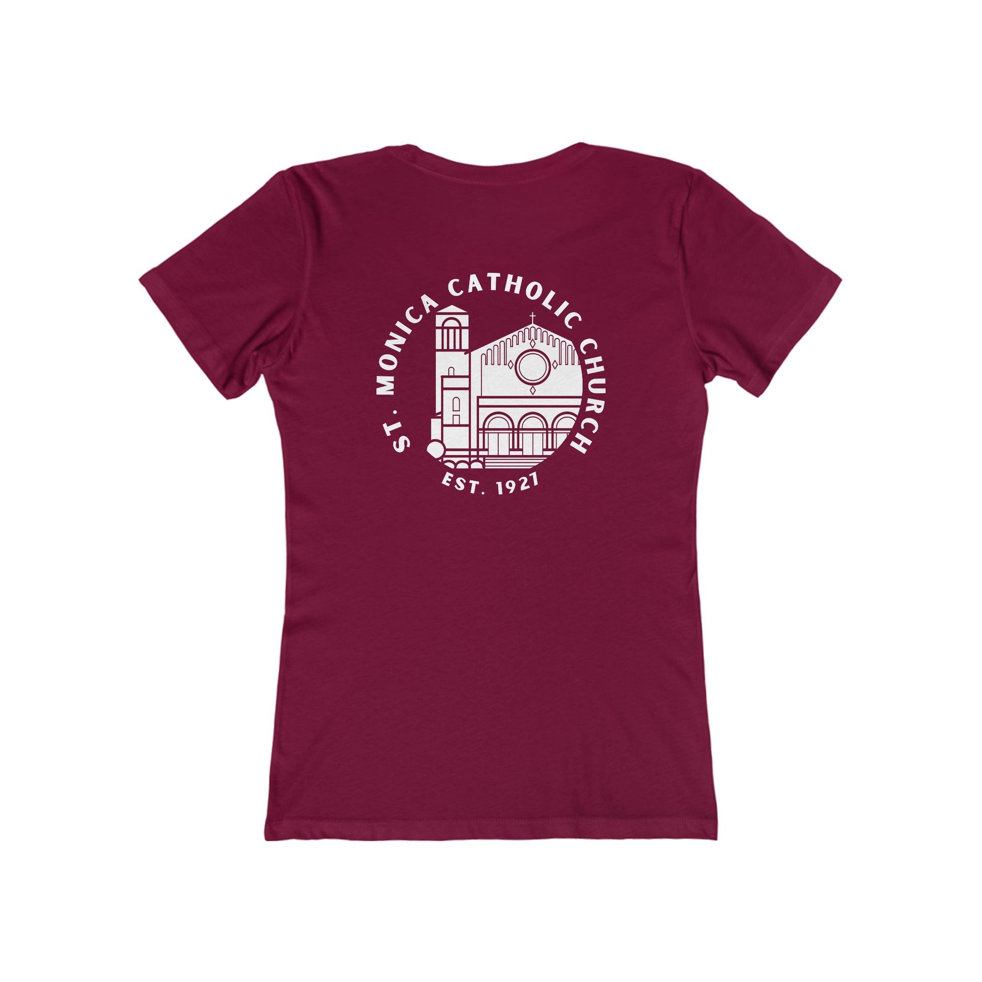 St. Monica Women’s “Nothing is Far from God” Tee – Icon on Back