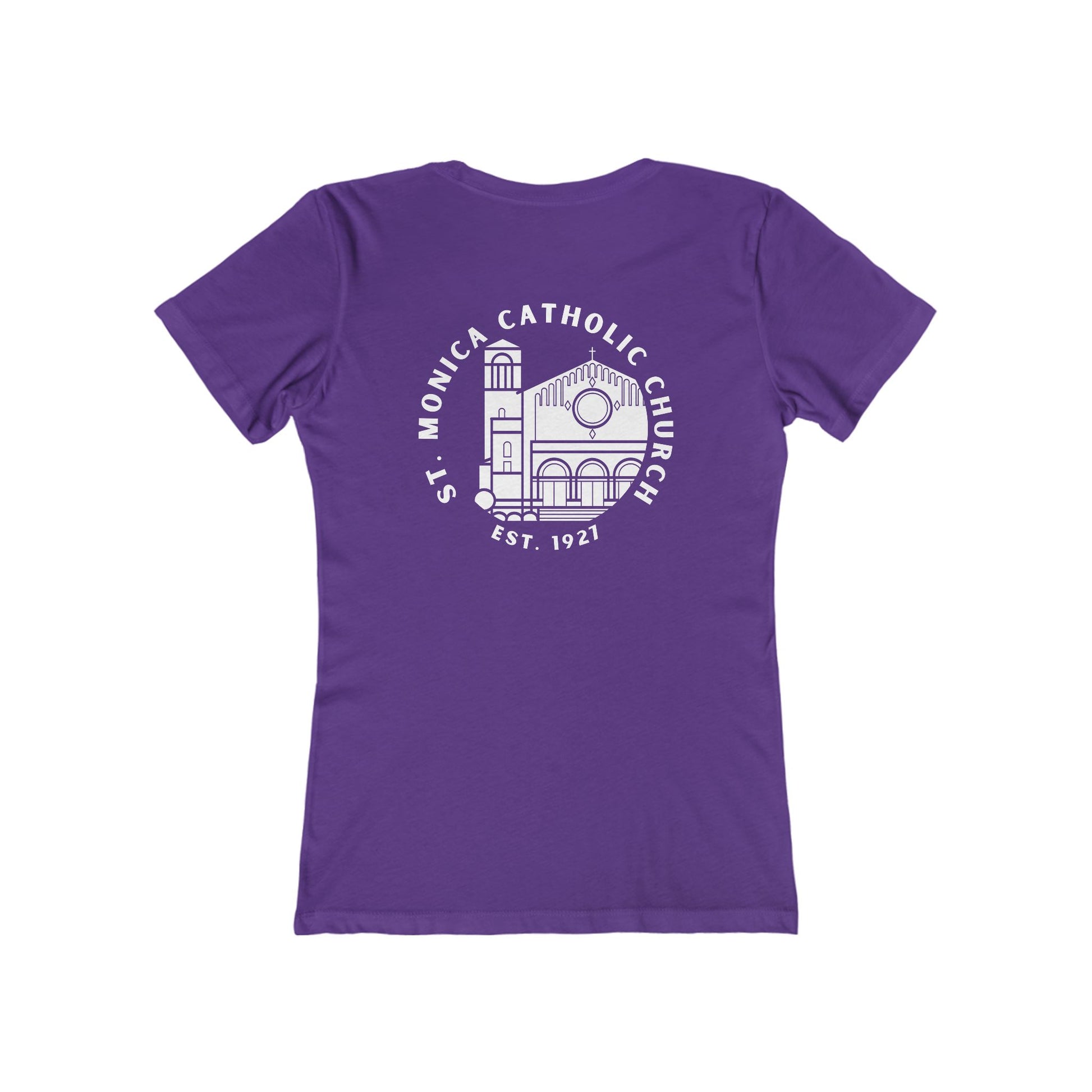 St. Monica Women’s “Nothing is Far from God” Tee – Icon on Back