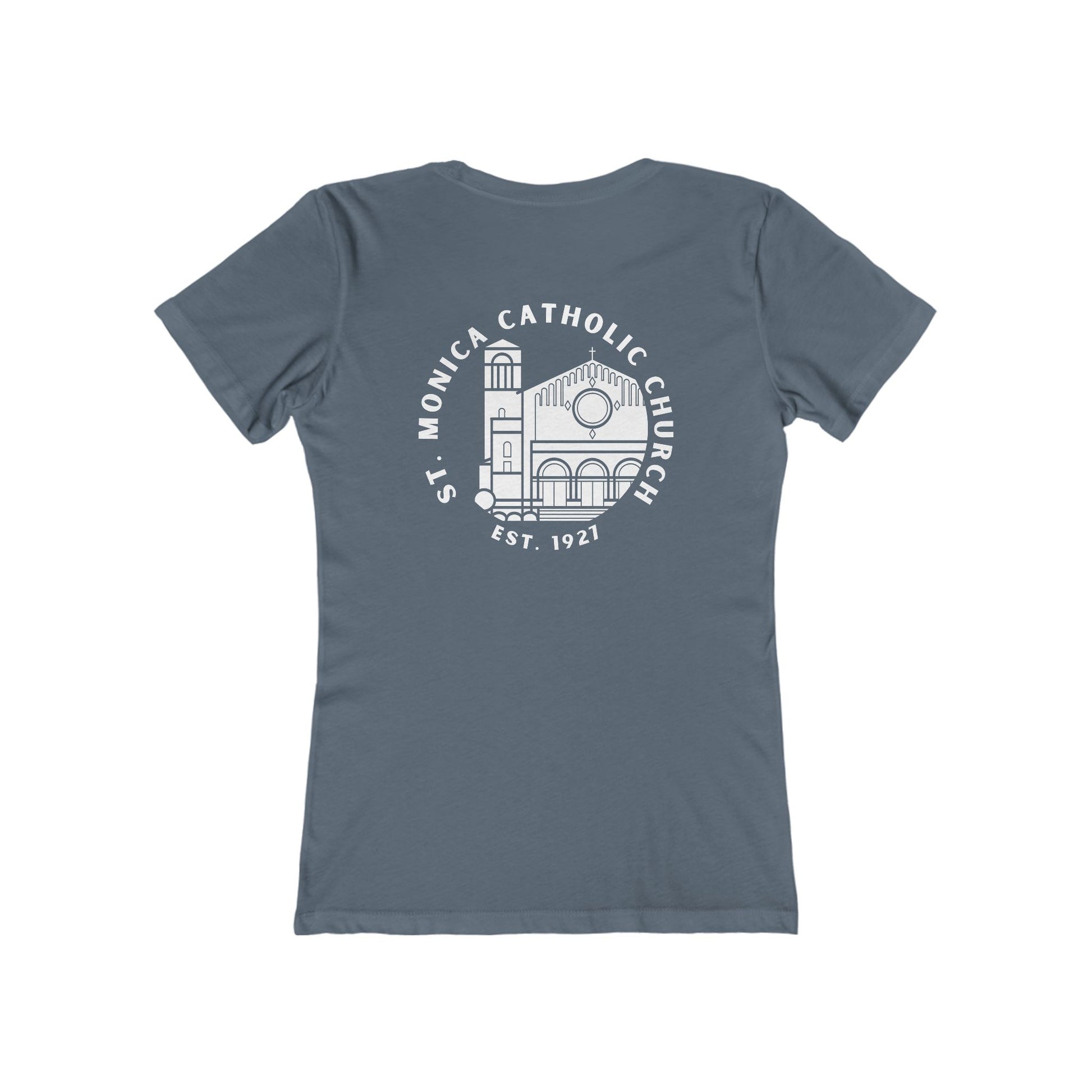 St. Monica Women’s “Nothing is Far from God” Tee – Icon on Back