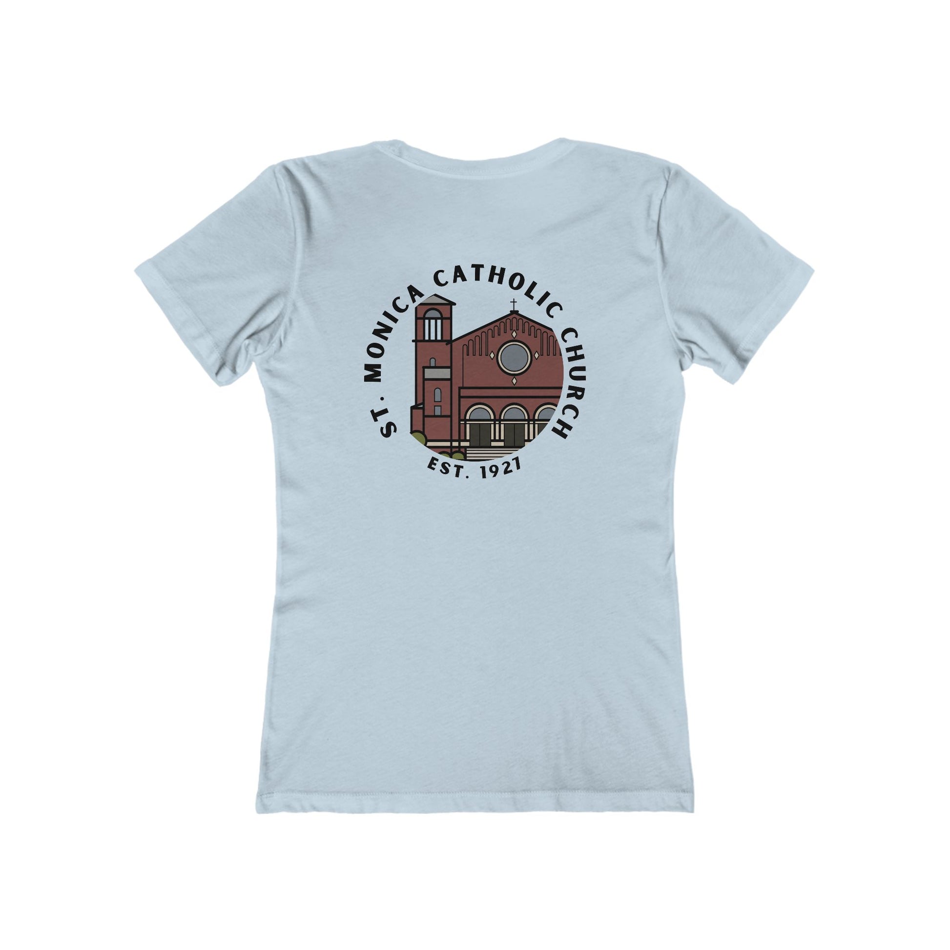St. Monica Women’s “Nothing is Far from God” Tee – Icon on Back
