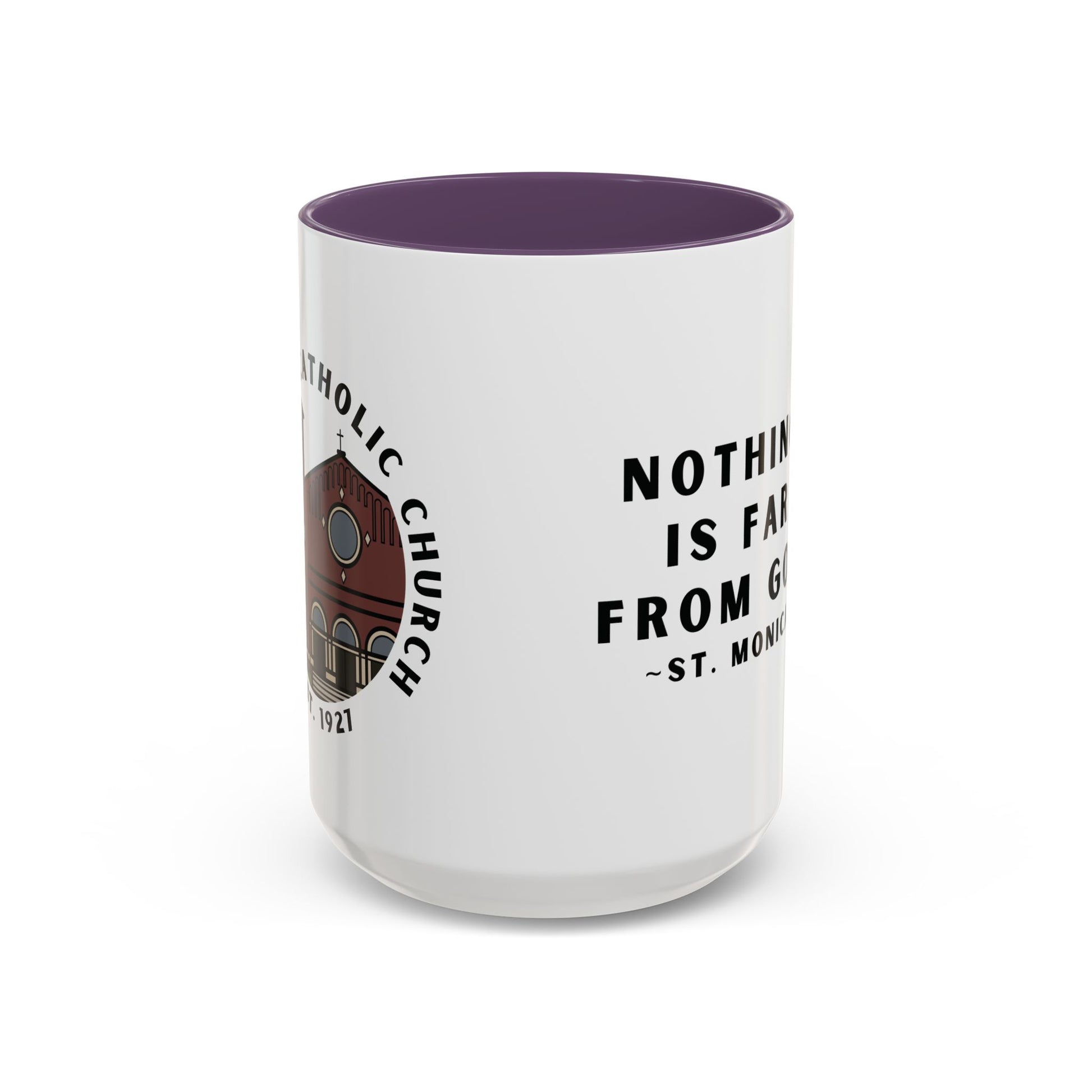St. Monica Parish Icon Mug – “Nothing is Far from God” (15 oz, Purple Accent)