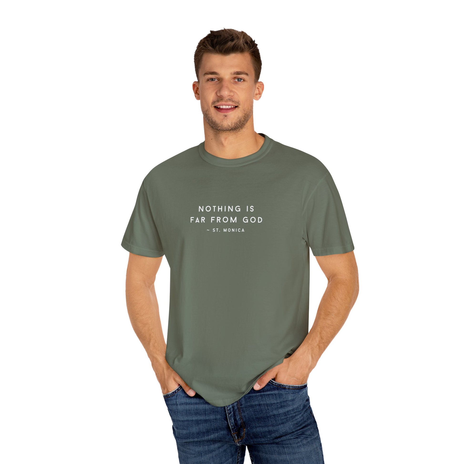 St. Monica "Nothing is Far from God" T-Shirt - Icon on Back