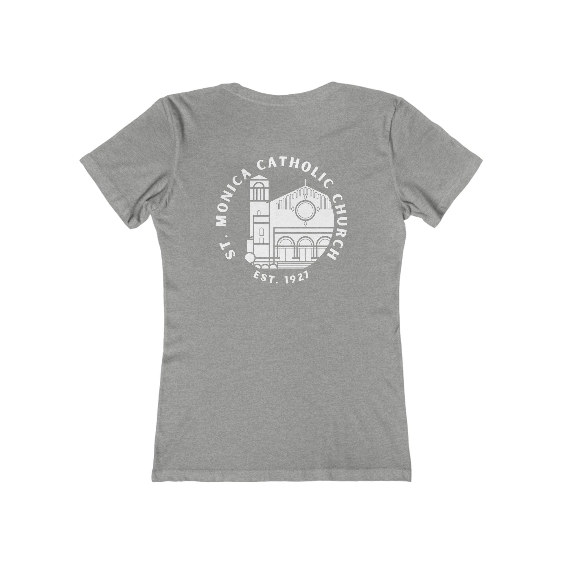 St. Monica Women’s “Nothing is Far from God” Tee – Icon on Back
