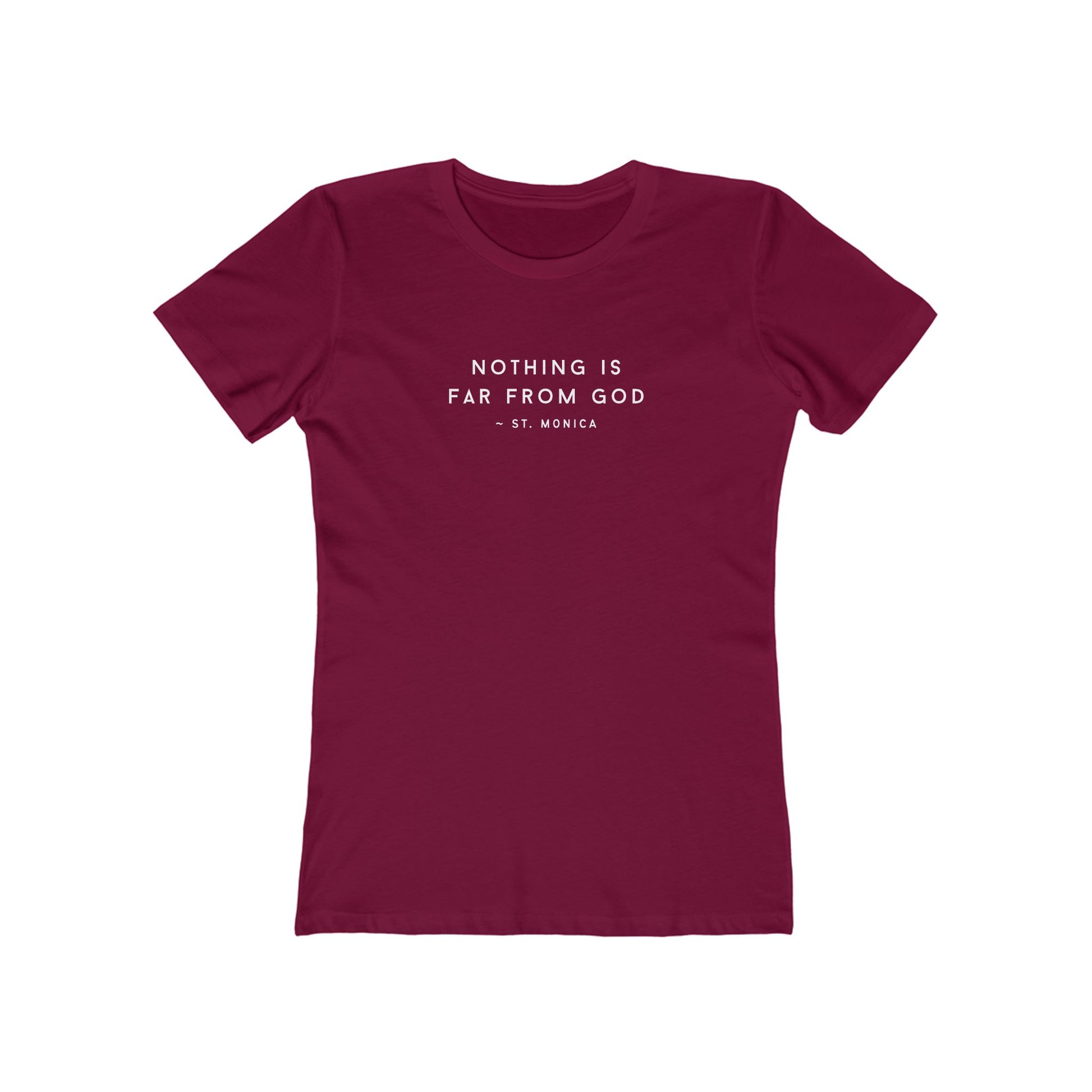 St. Monica Women’s “Nothing is Far from God” Tee – Icon on Back