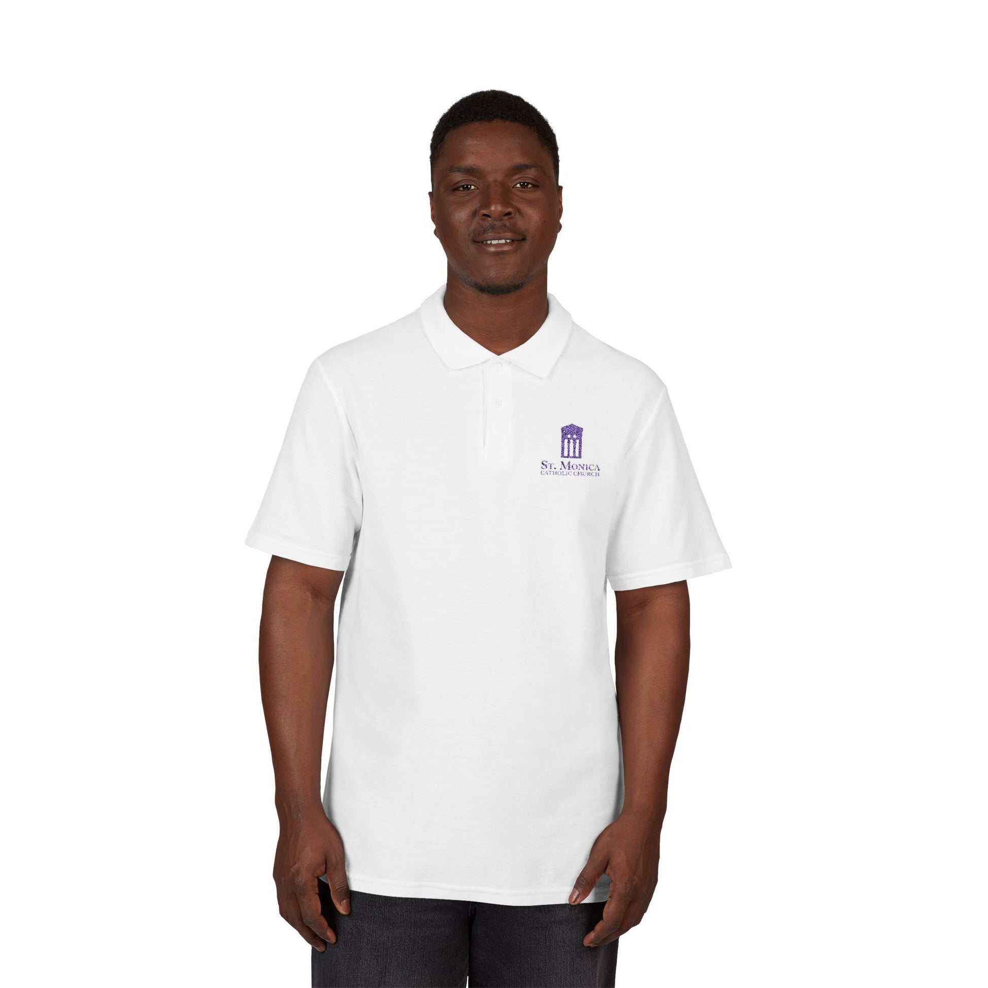 St. Monica Parish Embroidered Polo - White with Purple Logo