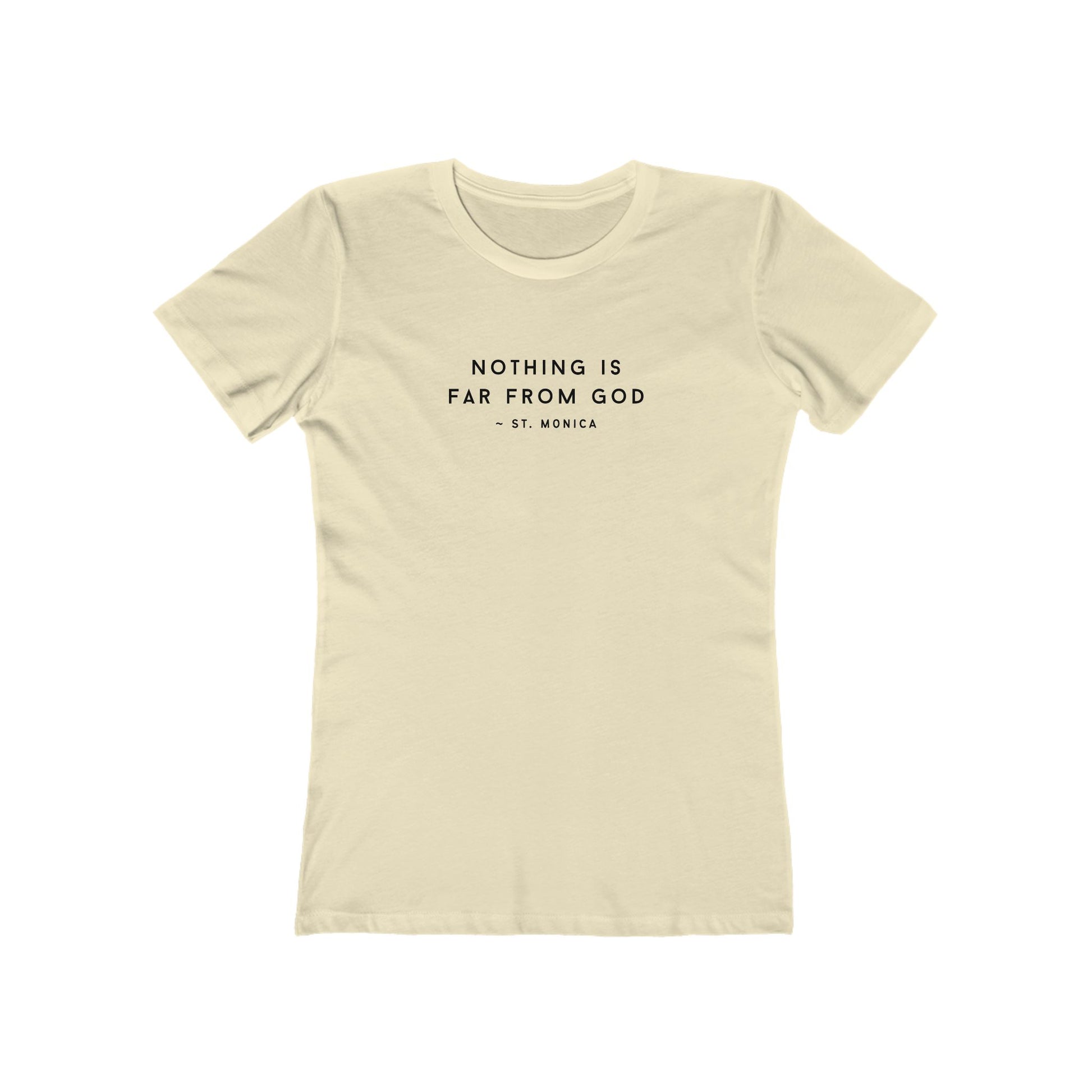 St. Monica Women’s “Nothing is Far from God” Tee – Icon on Back